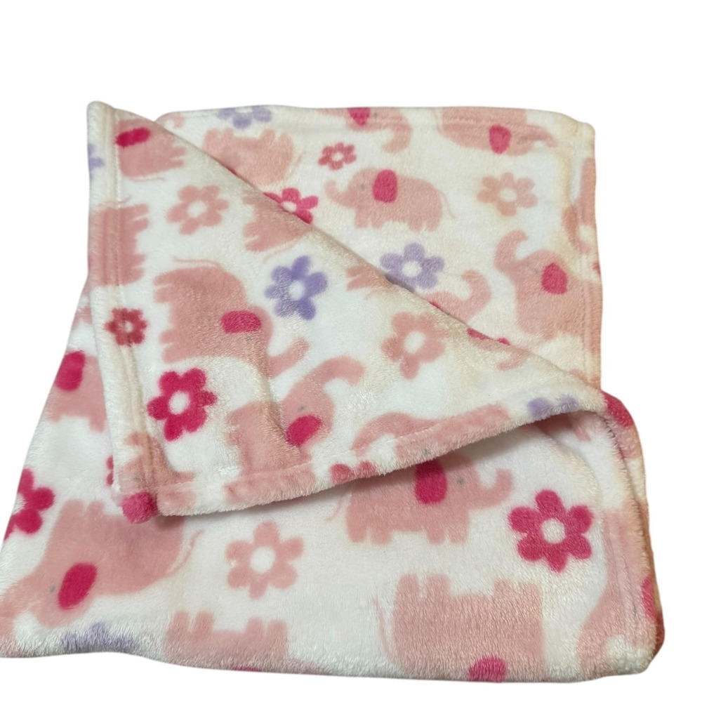 Dreamgro Pink Elephant and Flower Plush Fleece Baby Blanket 30x36 Comfort
